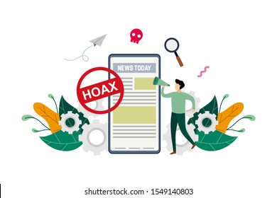 Hoax, fake news, disinformation spread via online media, news websites concept with small people and large phone vector flat illustration, suitable for background, advertising illustration