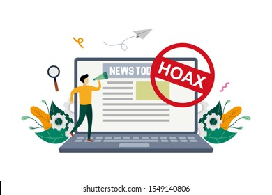 Hoax, Fake News, Disinformation Spread Via Online Media, News Websites Concept With Small People And Large Laptop Vector Flat Illustration, Suitable For Background, Advertising Illustration