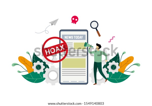 Hoax,
fake news, disinformation spread via online media, news websites
concept with small people and large phone vector flat illustration,
suitable for background, advertising
illustration
