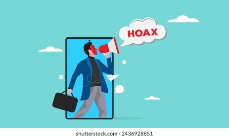 hoax or fake news illustration, misleading information from social media that creates misunderstandings, masked businessman using megaphone conveying fake news or hoax on smartphone illustration