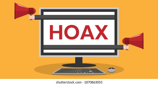 hoax or fake news vector illustration with loud speaker, computer, screen and hand symbol