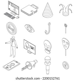 Hoax icons set. Isometric set of hoax vector icons outline thin lne isolated on white