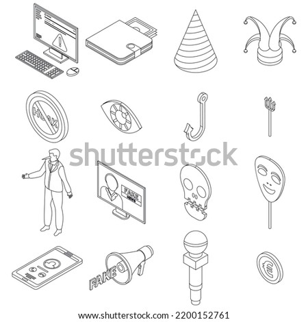 Hoax icons set. Isometric set of hoax vector icons outline thin lne isolated on white