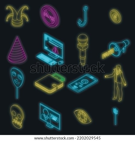 Hoax icons set. Isometric set of hoax vector icons neon color on black