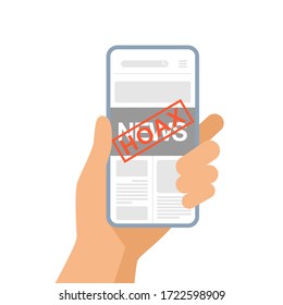 Hoax news on smartphone screen design. Man reads fake news Vector template illustration