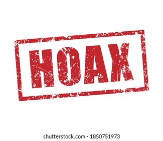 Hoax rubber stamp icon. Grunge style texture. Red vintage seal. Aged and damaged sticker label. Scratched sign. Isolated on white background. Vector illustration image.