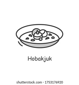 Hobakjuk icon. Traditional korean pumpkin porridge bowl outline sign on white. Vegan Asian food for breakfast. Korean cuisine concept. Thin line vector illustration.Editable stroke
