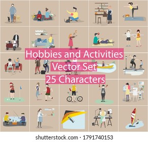 Hobbies and activities bundle. Set of people in various actions. Males and females engaged in their favorite hobbies. Relax. Active and healthy lifestyle. Cartoon characters. 