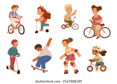 Hobbies and activities of children. Vector in flat style, isolated kids on scooters and biker, cycling and skating, rolling and leading active lifestyle. Positive and friendly preschool children