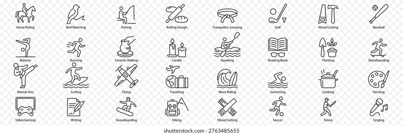 Hobbies and activities icon set – editable outline symbols of sports, creative arts, outdoor recreation and leisure pursuits, Hobbies and activities icon
