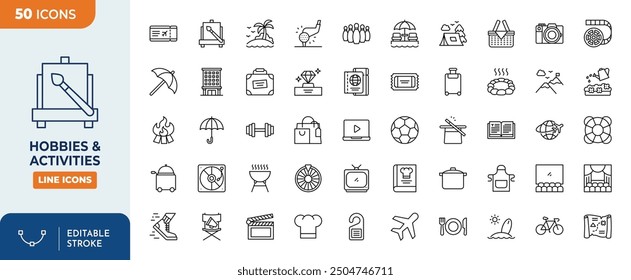 Hobbies and activities Line Editable Icons set. Vector illustration in thin line modern style of Activities favorite related icons : travelling, sports activities, shopping, cooking, and more