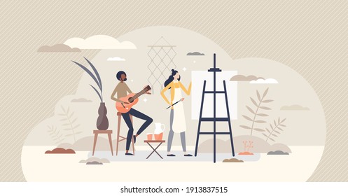 Hobbies activity or artist creative skills and music talent tiny persons concept. Quality leisure and relaxation craft time for personal development, growth and horizon expanding vector illustration.