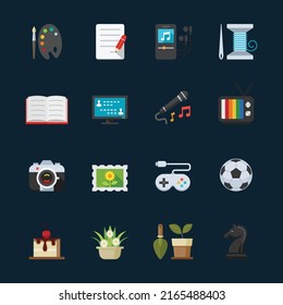 Hobbies and Activity Icons with Black Background