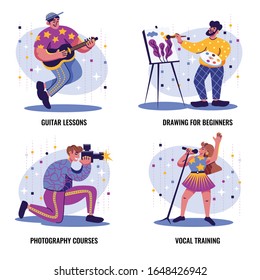 Hobbies classes concept 4 flat trendy compositions with guitar lessons vocal training photography drawing courses vector illustration 