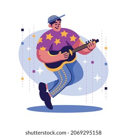 Hobbies composition with cartoon style character of man playing guitar vector illustration
