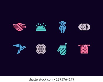 Hobbies and craft work vector icon set. Hand made, decoration, sewing, knitting icons.