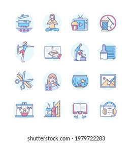 Hobbies to do at home - modern line design style icons set. Leisure activities, entertainment idea. Cooking, yoga, needlework, workout, reading, drawing, makeup, hairstyle, pets, podcasts, DIY
