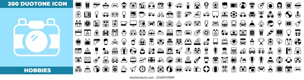 Hobbies Duotone Editable Icons set. Vector illustration in modern thin duotone style of hobbies icons: sport, leisure, game, etc