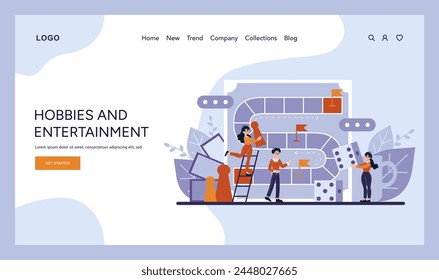 Hobbies and Entertainment concept. Enthusiastic characters are engaged in board game strategy and dice chances, illustrating the intellectual stimulation of tabletop gaming. Vector illustration