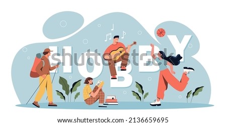 Hobbies and entertainment concept. Large inscription with people playing volleyball, reading book, going camping and playing guitar. Favorite activity and relaxation. Cartoon flat vector illustration ストックフォト © 