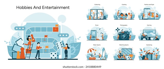 Hobbys und Entertainment-Set. Verschiedene Freizeitaktivitäten von Spielen bis hin zu Gartenarbeit. Innen- und Außenpässe, kreative Künste, sportliches Engagement. Sammlung von fröhlichen Freizeitaktivitäten. Flachvektor