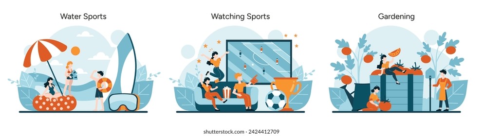 Hobbies and Entertainment set. Enthusiasts engaged in water sports, fans experiencing the thrill of watching sports, individuals finding peace in gardening. Lively scenes of hobbies. Flat vector