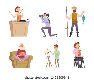 Hobbies. Favorite activities for persons people playing drawing reading exact vector illustrations in cartoon style
