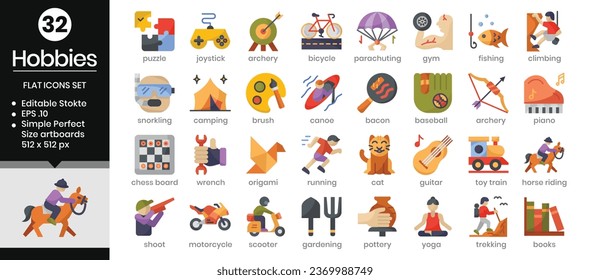 Iconos de Hobbies (plano) establecidos. La colección incluye íconos de diversos aspectos relacionados con aficiones y ocio, desde negocios y desarrollo hasta diseño web, diseño de aplicaciones, logotipos y más.