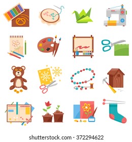 Hobbies flat icons set with sewing origami making and beading isolated vector illustration