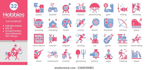 Hobbies (flat two color) icons set. The collection includes icons from various aspects related to hobbies and leisure, from business and development to, web design, app design, logos, and more.