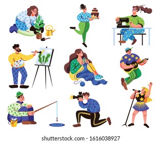 Hobbies free time activities flat set with people fishing knitting gardening taking pictures sewing singing vector illustration 