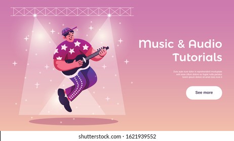 Hobbies free time activities online tutorials horizontal web banner with guitar player under stage lights vector illustration  