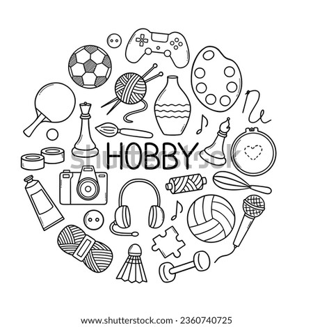 Hobbies and free time doodle set.  drawing, sewing, knitting, cooking, reading, sports, needlework, music in sketch style. Hand drawn vector illustration isolated on white background