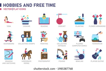 Hobbys und Free Time Icon Set für Website, Anwendung, Druck, Dokument, Poster Design, etc.