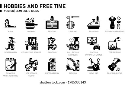 Hobbies and Free Time icon set for website, application, printing, document, poster design, etc.