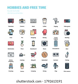 Hobbies and free time icons. Hobbies and free time filled outline icon set. Icon for website, application, print, poster design, etc.