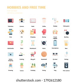 Hobbies and free time icons. Hobbies and free time flat icon set. Icon for website, application, print, poster design, etc.