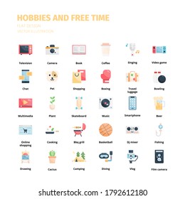 Hobbies And Free Time Icons. Hobbies And Free Time Flat Icon Set. Icon For Website, Application, Print, Poster Design, Etc.