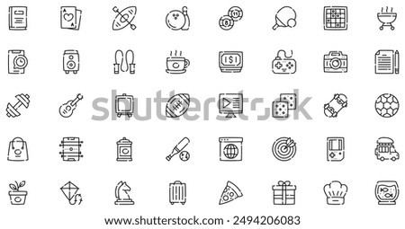 Hobbies And Freetime Icons collection is a vector illustration with editable stroke, offering versatility and customization. Perfect for various design needs, it includes high-quality graphics.