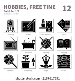 Hobbies and Freetime icons set, Solid, vector and illustration set 1