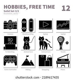 Hobbies and Freetime icons set, Solid, vector and illustration set 3