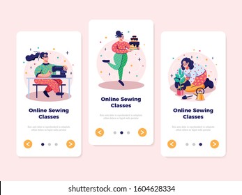 Hobbies handcraft sewing patterns making cooking and gardening online classes 3 flat vertical web banners vector illustration 