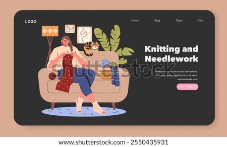 Hobbies at Home concept. A cozy scene with a person knitting on a sofa alongside a cat, capturing the warmth of a crafty pastime. Vector illustration.