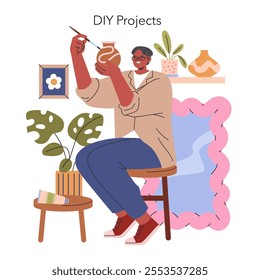 Hobbies at Home concept. A person engaged in a pottery project indoors. Creativity and relaxation through crafting. Vector illustration.