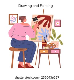 Hobbies at Home concept. Woman engages in painting, expressing creativity on a canvas at her cozy art space. Indoor leisure activity, artistic inspiration. Vector illustration.