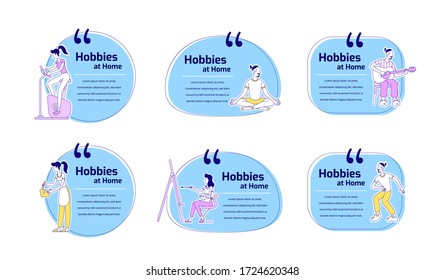 Hobbies at home flat color vector characters quotes set. Man dancing and playing guitar. Woman learning to cook. Citation blank frame templates. Speech bubbles. Quotation empty text box design