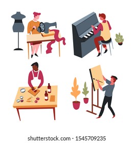 Hobbies, home leisure activity, art and culinary, isolated characters vector. Painting on easel and playing piano, cooking and sewing. Seamstress and musician, cook and artist, creative pastime