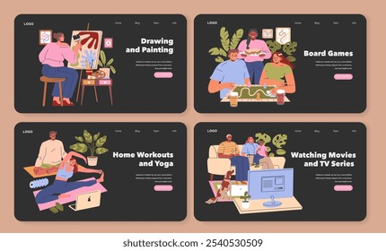 Hobbies at Home set. Engaging in creative arts, enjoying board games, practicing yoga, and watching TV for relaxation. Vector illustration.