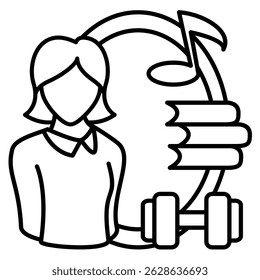 Hobbies ícone representado por barbell, livro, música símbolo Estilo de linha.
