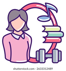 Hobbies icon represented by barbell, book, music symbol Lineal Color style.